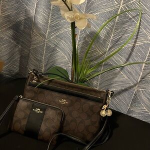 Coach Black and Chocolate Brown Crossbody Bag and NWT Wristlet